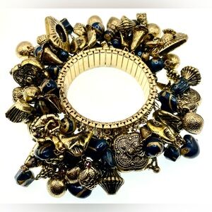 Gold Tone Cha-Cha Expansion Bracelet Dangling Blue and Gold Acrylic Charms